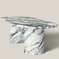 Breccia Grey Vein Marmor Esstisch Organische Längliche Eierförmige Platte Asymmetrischer Versetzter Doppelrundblock-Sockel Dinner-Tisch