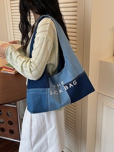 Bolso Tote de Mezclilla para Mujer con Detalles de Cuero Estilo Vintage, con Cierre de Cremallera, para Compras Diarias y Viajes - Product Image 1