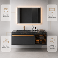 Set Perlengkapan Kamar Mandi Modern dari Baja Anti Karat yang Dipasang di Dinding dengan Cermin Pintar LED dan Kabinet Wastafel Keramik untuk Hotel dan Vila