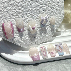 Ongles Press-On Faits Main « Sweetheart Angel Girl » – Adorables Patchs d'Art Ongulaire Rose et Bleu, Nœuds Romantiques Princesse, Faux Ongles Peints à la Main « Love » - Product Image 2