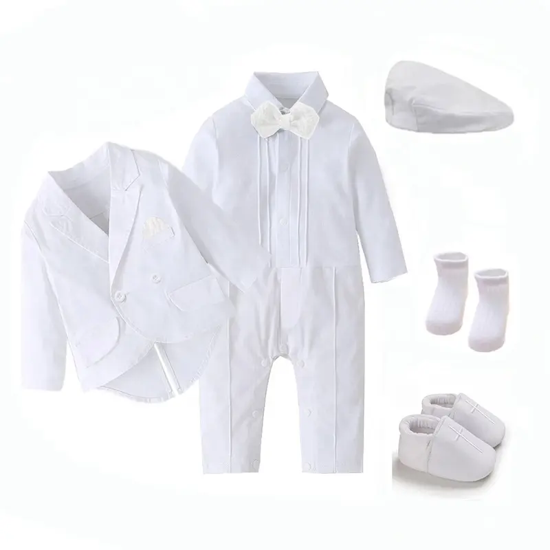 Toddler Boy Formal Suit White Gentleman Baptism Dress Vest Romper Bow Wedding Birthday Party Newborn Baby Boy Christening Outfit