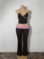 Ensemble Lounge d'été 2 pièces pour femme, personnalisé avec imprimé assorti, comprenant un crop top dos nu sans manches et un pantalon évasé, en coton et élasthanne de haute qualité