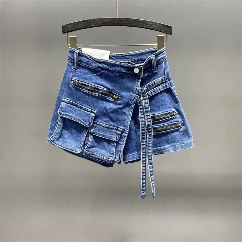 Irregular denim shorts female autumn 2023 new A-line high waist loose to show thin wide leg hot pants cargo skirt