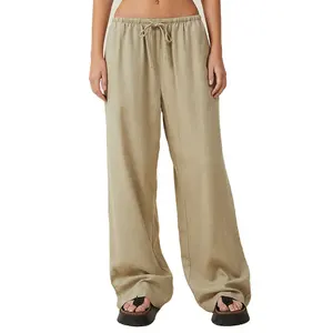 Holesale-pantalones de pierna ancha para mujer, pantalón informal ligero y personalizado con cordón elástico, vintage