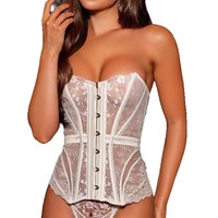 Ensemble de Lingerie Romantique 2026 pour Femme : Bustier Corset en Dentelle Blanche, Soutien-Gorge Brodé Transparent, Porte-Jarretelles et Bas – Idéal pour Lune de Miel et Tenue de Mariée