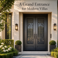 Porte d'entrée double en fer forgé moderne avec motifs torsadés, panneaux de verre, porte de sécurité pour villa aux États-Unis, taille personnalisée