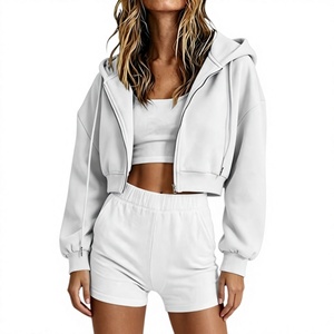 Ensembles de vêtements pour femmes, shorts ajustés et sweat-shirts à capuche zippés, ensembles de 2 pièces pour la détente, mélange de polyester/coton, 320 GSM - Product Image 6