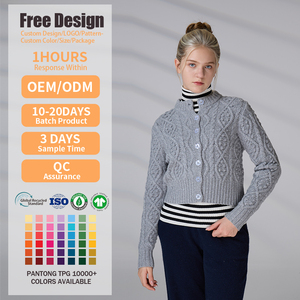 Custom OEM & ODM Women's Sweater 100% Merino Wool <b>Mock</b> <b>Neck</b> Cable Knitwear Knit Cardigan - Product Image 2