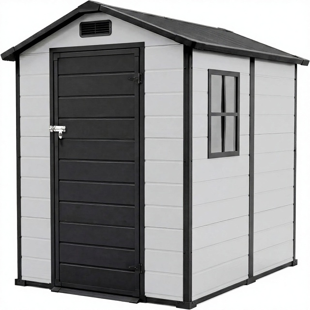 Outdoor Storage Shed Floor Plastic Resin Construction Sloping Roof Lockable Door Window for Garden Backyard-Grayish White +