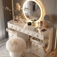 Coiffeuse sur pied éclairée en bois massif de style européen moderne pour femme, avec rangements et fonctionnalités réglables, blanche, pour chambre, appartement, hôtel
