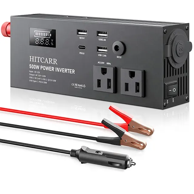 차량용 500W 파워 인버터, DC 12V ~ 110V/120V AC 차량용 인버터 컨버터 (PD 20W USB-C 및 QC3.0 고속 충전 포함)