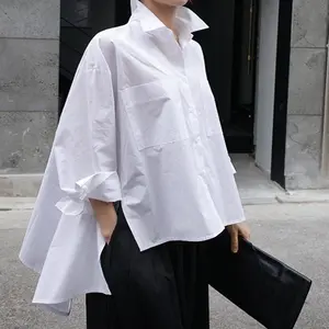Оптовая продажа 2021 весенне-летняя повседневная свободная Асимметричная блузка Модная белая блузка большого размера с длинными рукавами в пригородном стиле