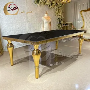Mesa de jantar de aço inoxidável para casamento, mesa de jantar com espelho dourado para aluguel de casamento