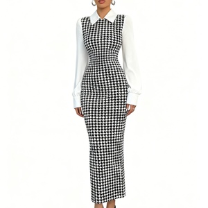 Vestidos Elegantes Ajustados con Mangas Abullonadas y Estampado de Pata de Gallo para Mujer - Product Image 2