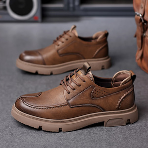 Men's Retro Leather Shoes <b>Brown</b> <b>Lace</b>-Up Low-Top Casual Work <b>Boots</b> Stitching Detail Leisure Wear Wenzhou Made - Product Image 1