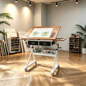 Mesa de Dibujo Ajustable en Altura con Manivela, 2 Cajones de Almacenamiento y Ruedas Giratorias para Estudio de Diseño Arquitectónico, Gran Venta - Product Image 5