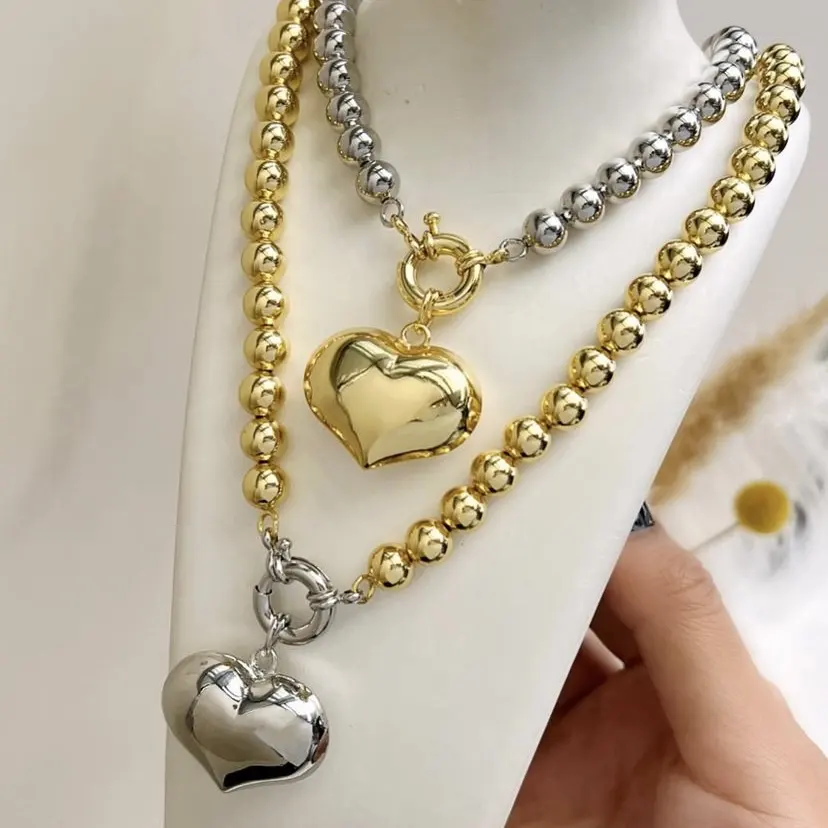 BD-L3209 Promotional cz clasp necklaces silver beaded necklace women men solid balloon heart pendant necklace