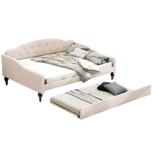 Lit de repos capitonné beige pleine grandeur avec lit gigogne double, mobilier de salon - Product Image 1