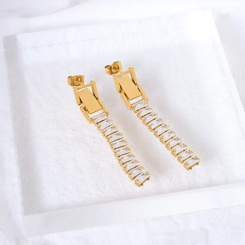 2021 New Trendy 18k Gold Plated Stainless Steel Designer Jewelry Baguette Diamond Tennis Chain Earrings Tassel Dangle Earrings