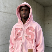 OEM Premium 100% Baumwolle Streetwear Schwergewicht Reißverschluss-Hoodie Distressed Ausgefranstes Applikations-Logo Übergroßer Vintage Herren Boxy Hoodie