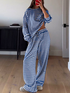 Conjunto de Pantalones de Punto a Rayas de 2 Piezas para Mujer, Marca Privada, Casual, Manga Larga, Corte Holgado, Transpirable, Poliéster, Ropa de Estar por Casa para Otoño - Product Image 5