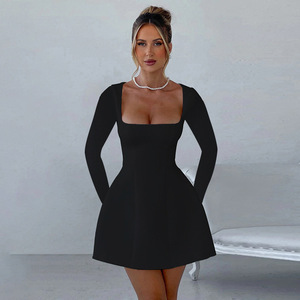 Yl24444 automne nouveaux vêtements pour femmes tempérament loisirs coupe ajustée col carré une balançoire à manches longues <span class=keywords><strong>Dr</strong></span> - Product Image 4