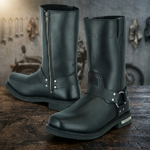 <b>Black</b> Genuine Leather Solid Front Motorcycle Riding <b>Boots</b> Square Toe Side Zipper Low Heel Outdoor <b>Work</b> <b>Boots</b> Adults Unisex - Product Image 3