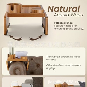 Plateau d'accoudoir de canapé avec support pour téléphone, plateau pliable mural en bois d'acacia, plateau à fruits en bois massif - Product Image 4