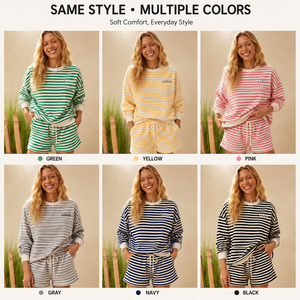 Custom Design <b>Women's</b> Long Sleeve Striped Sweatshirt Shorts Set <b>2</b> <b>Piece</b> Casual Matching Lounge <b>Outfit</b> Manufacturer - Product Image 4