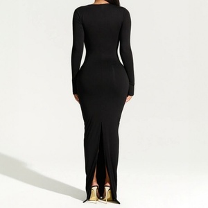 Vente en gros de robes de mode pour femmes, personnalisables, de haute qualité, nouvelle collection automne, à manches longues, col asymétrique, dos fendu - Product Image 4