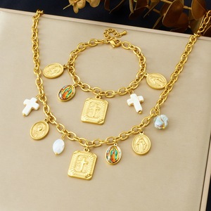 European Style Gold Plated Pendant <b>Set</b> With Cross Charm Necklace And <b>Bracelet</b> For Women Everyday Wear - Product Image 1