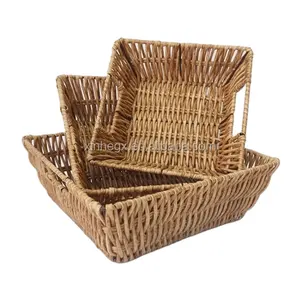 XH Set Of 3 Handwoven Organizer Rectangle Plastic Wicker Storage Basket Brown PP Rattan Durable Laundry Tray