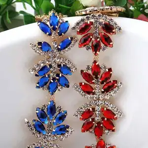 Big size leaf shape red blue crystal chain trim rhinestone chain trimming