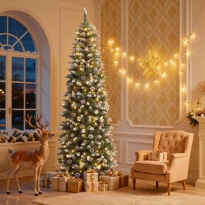Sapin de Noël artificiel pré-éclairé de 1,80 m, fin, légèrement enneigé, type sapin <span class=keywords><strong>Kingswood</strong></span>, avec 50 cônes de pin, pour la maison et les fêtes - Product Image 6