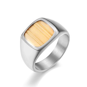 yunnique punk street hip-hop 18K gold plated, wood veneer inlaid <b>titanium</b> steel <b>ring</b>, square shape, trendy fashion - Product Image 1
