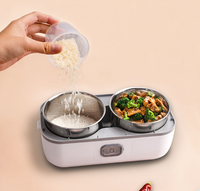 Kotak makan elektrik Dual Tier, kotak makan siang elektrik penghangat makanan Stainless Steel penghangat 2 kompartemen