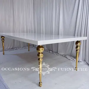 White MDF Top with Gold Three Balls Legs Wedding Dining Table 8ft Rectangle