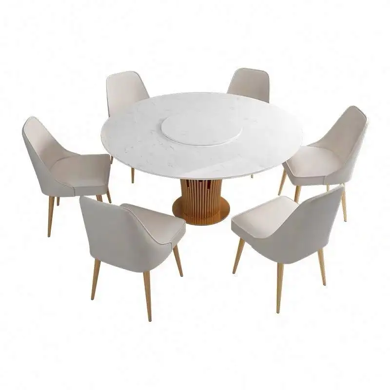 Simple luxury round metal material household Rotary marble glass dining table