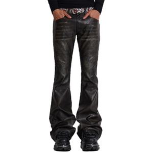 กางเกงหนังเทียมสไตล์พังก์แบบยูนิเซ็กซ์ ลวดลายปั๊มนูนสั่งทำได้ ขายส่ง สีดำฟอกแบบดิสเทรส กางเกงทรงสแต็คสำหรับผู้ชาย - Product Image 1