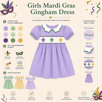 Robes de Filles Mardi Gras Puresun Top Factory Personnalisées 100% Coton Gingham Brodé Crevettes Col Claudine pour Tout-Petits 1-6 Ans