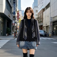 OUDINA Nouvelle Veste Décontractée Ample en Jean à Carreaux et Patchwork Irrégulier pour Femme
