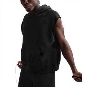 Sweat-shirt à capuche sans manches pour homme, noir uni, en polaire, coupe décontractée, avec poche, pour l'automne - Product Image 6