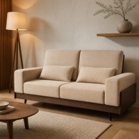 Canapé deux places avec assise profonde de 870 mm, dossier bas de 930 mm, coussin de dossier en tissu ou cuir, pieds surélevés, taille personnalisée, haute clairance au sol