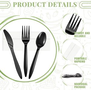 طقم منديل وشوكة سكين سوداء ملفوفة بشكل فردي أواني بلاستيكية - Product Image 3