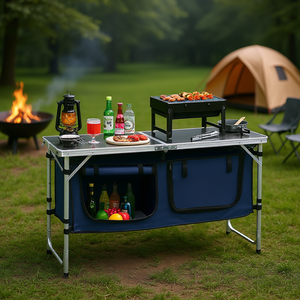 Adjustable Height Aluminum <b>Outdoor</b> <b>Table</b> Portable Camping Kitchen <b>Cook</b> Station 3-in-1 Folding <b>Table</b> Blue 47x19.3 Inch - Product Image 2