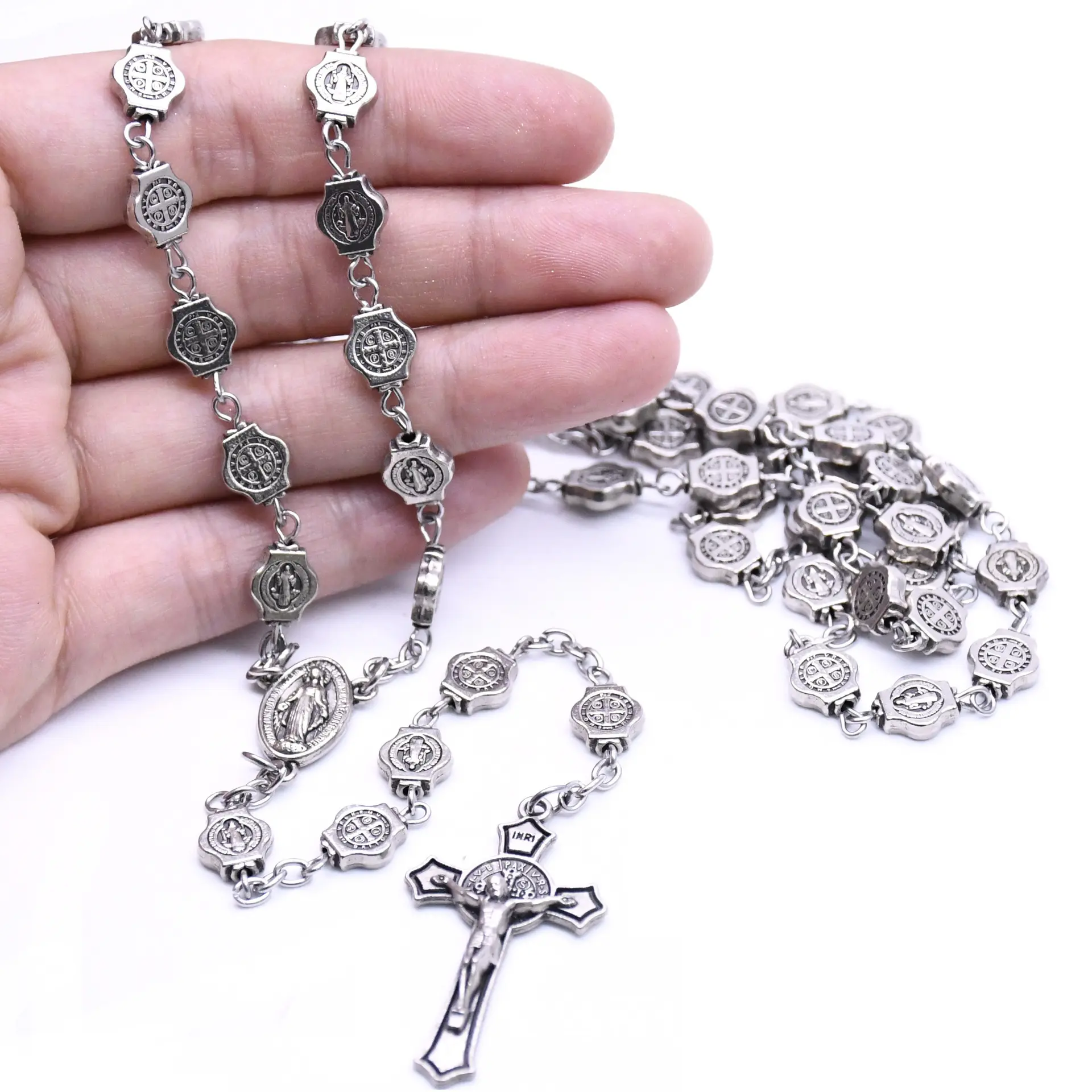 Rising moon Vintage Silber legierung Rosenkranz Benediktiner Perlen Kreuz Gebet Christliche Kirche Halskette