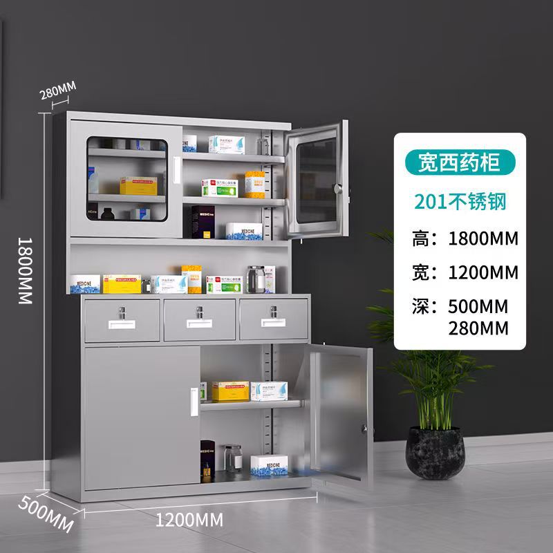 Gabinete de medicinas de acero inoxidable 201 engrosado, con tres cajones y tres puertas.
