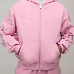 Sudadera con Capucha Rosa con Bordado Floral Invernal y Apliques de Flores, Conjunto Deportivo de Dos Piezas de Forro Polar Personalizado para Hombre - Product Image 3