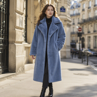 Manteau long en fausse fourrure pour femme, chaud et épais pour l'hiver, style vintage avec col rabattu, en peluche, à carreaux, vêtement d'extérieur tissé pour femme