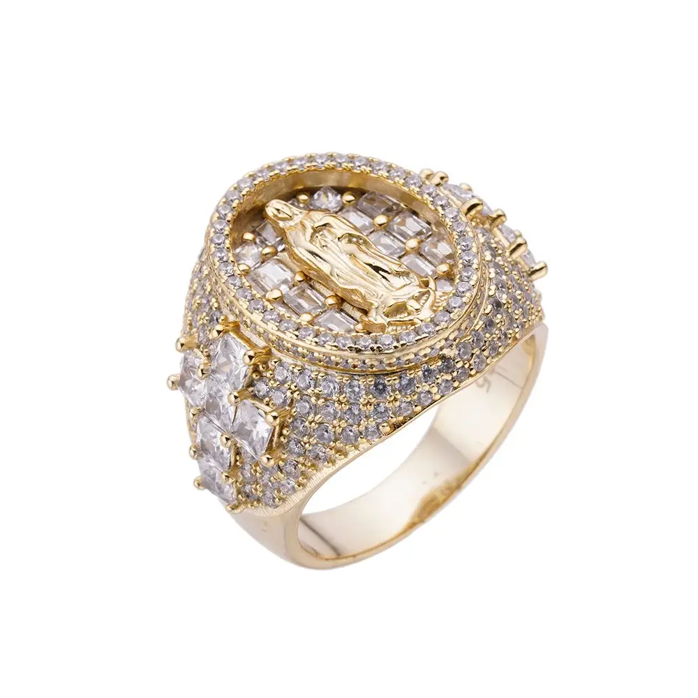 14K Gold Plated Simulated Micro Pave Baguette Cz Diamonds Solid Silver Cross Virgin Mary Ring
